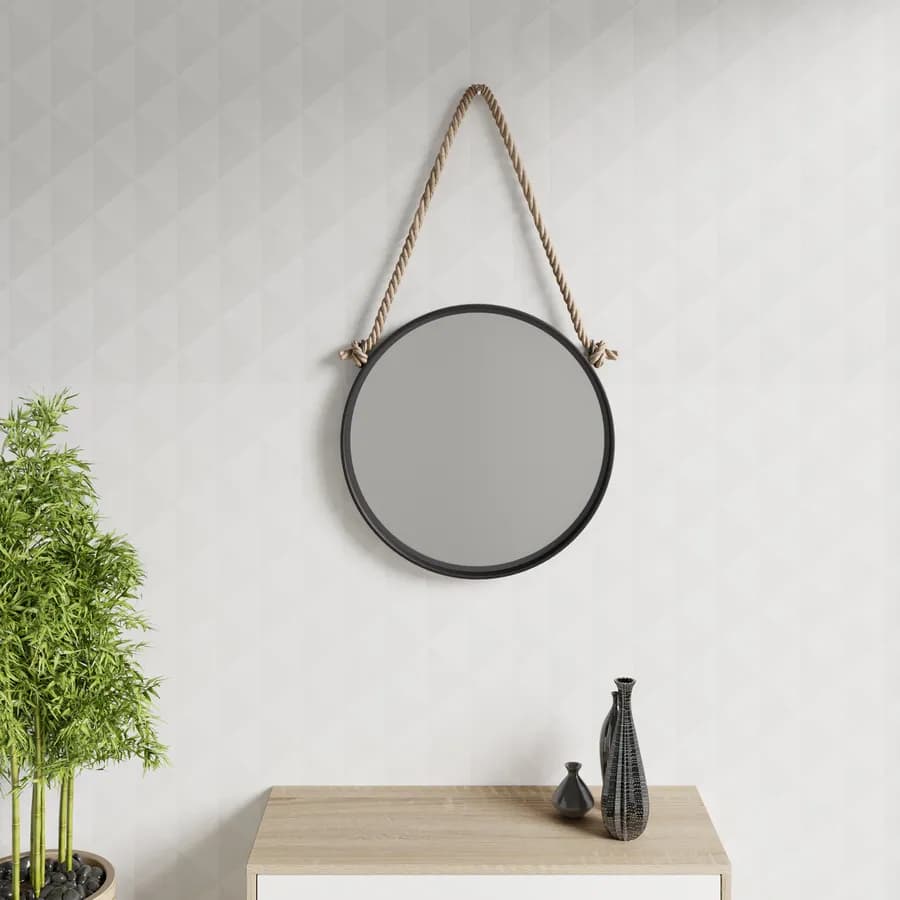 Specchio decorativo 50 cm con cornice nera e gancio in corda - Wiki