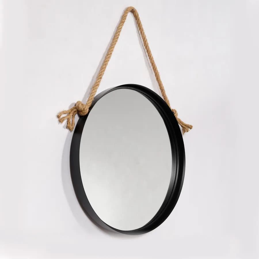 Specchio decorativo 50 cm con cornice nera e gancio in corda - Wiki