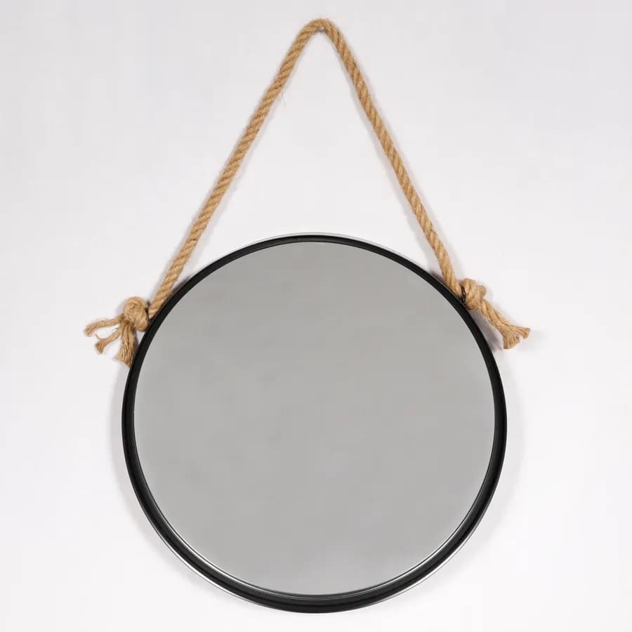 Specchio decorativo 50 cm con cornice nera e gancio in corda - Wiki