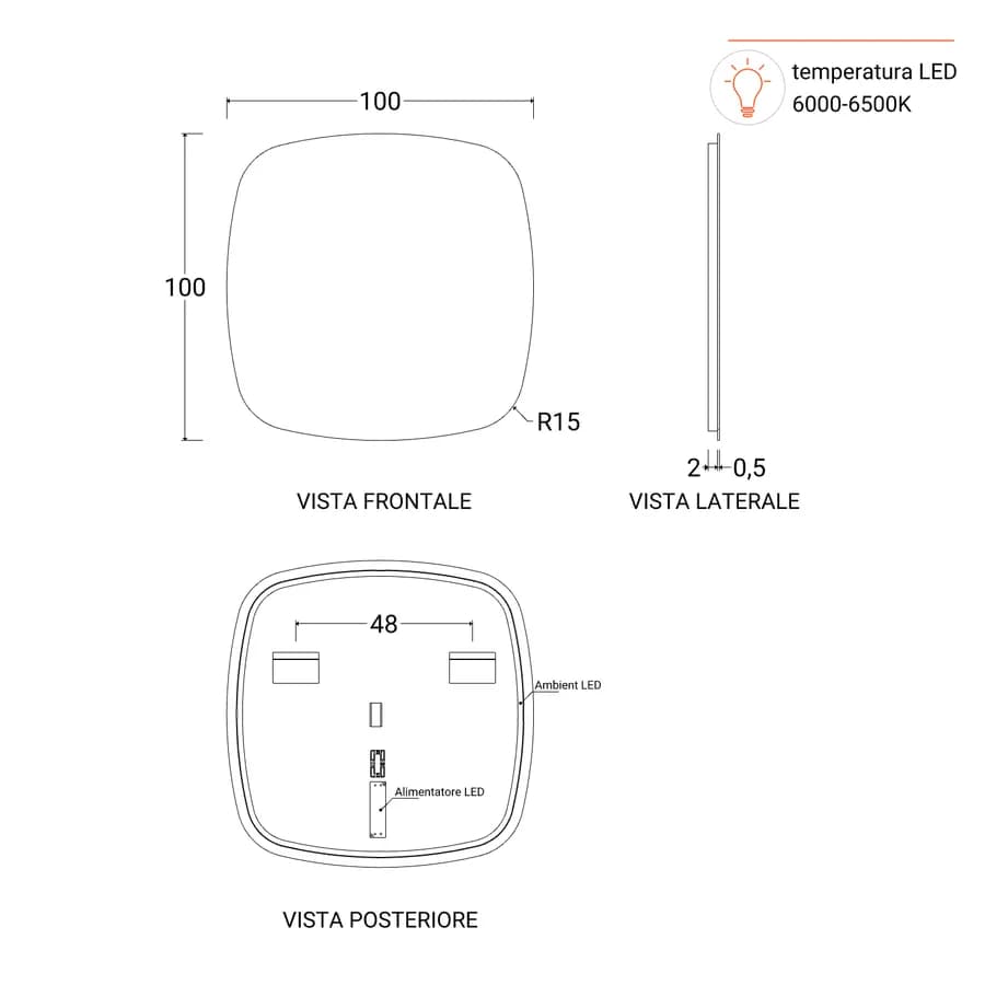 Specchio led 100x100 cm luce fredda - Alfie