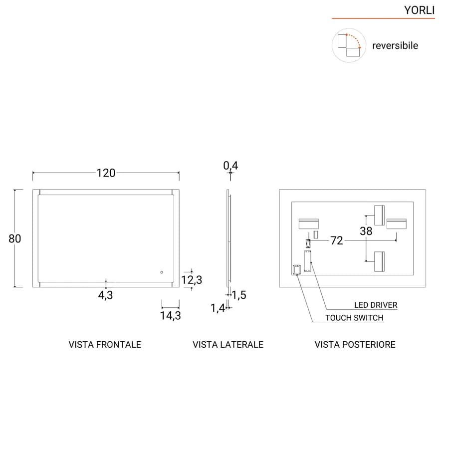Specchio led 120x80 cm bianco opaco con accensione touch - Yorli