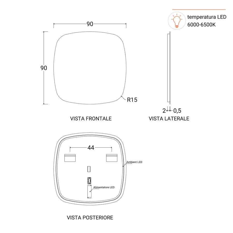 Specchio led 90x90cm luce fredda - Alfie