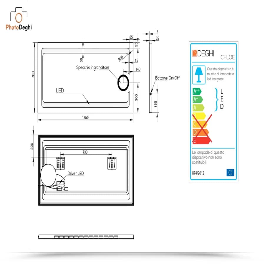 Specchio led 135x70 cm con ingranditore e interruttore - Lendi