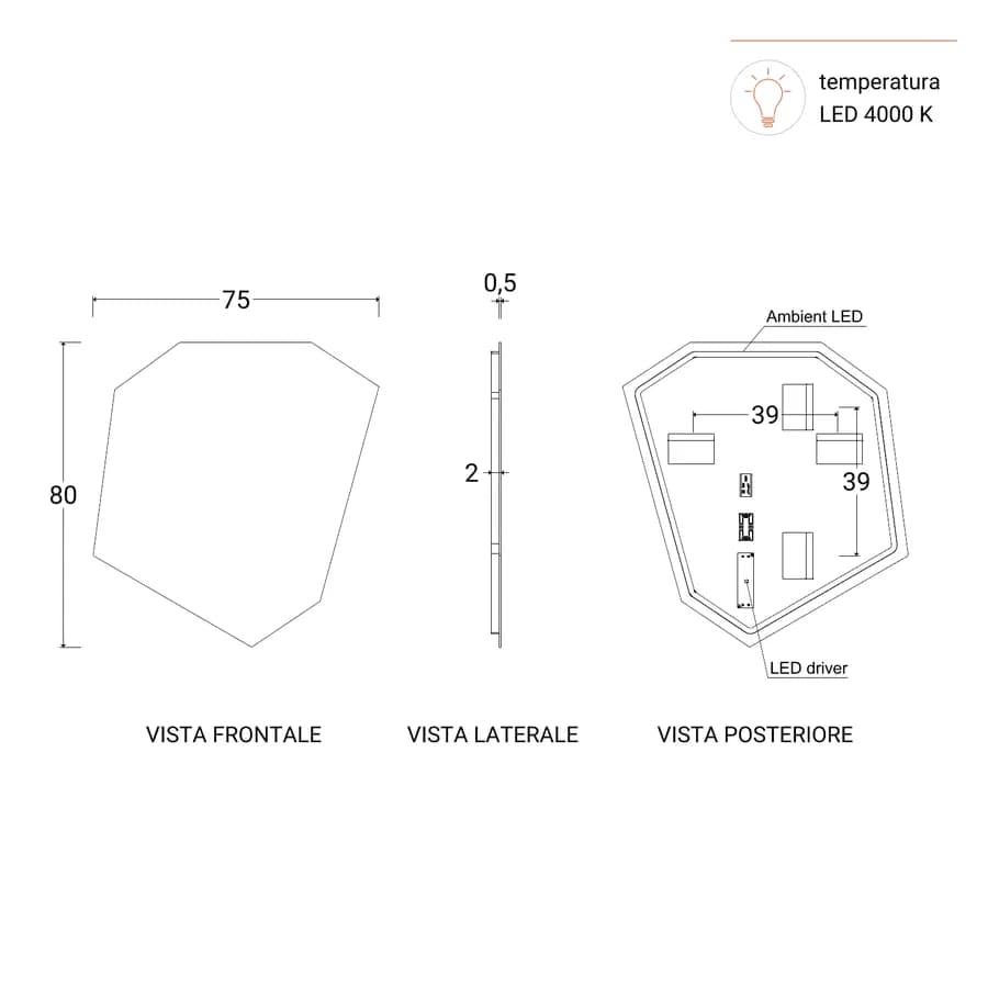 Specchio led da bagno 75 x 80 cm reversibile - Favonius