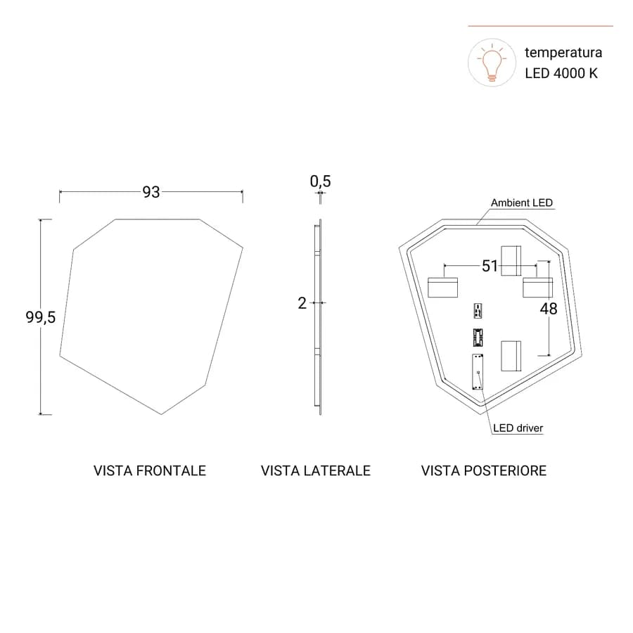 Specchio led da bagno 93 x 99,5 cm reversibile - Favonius