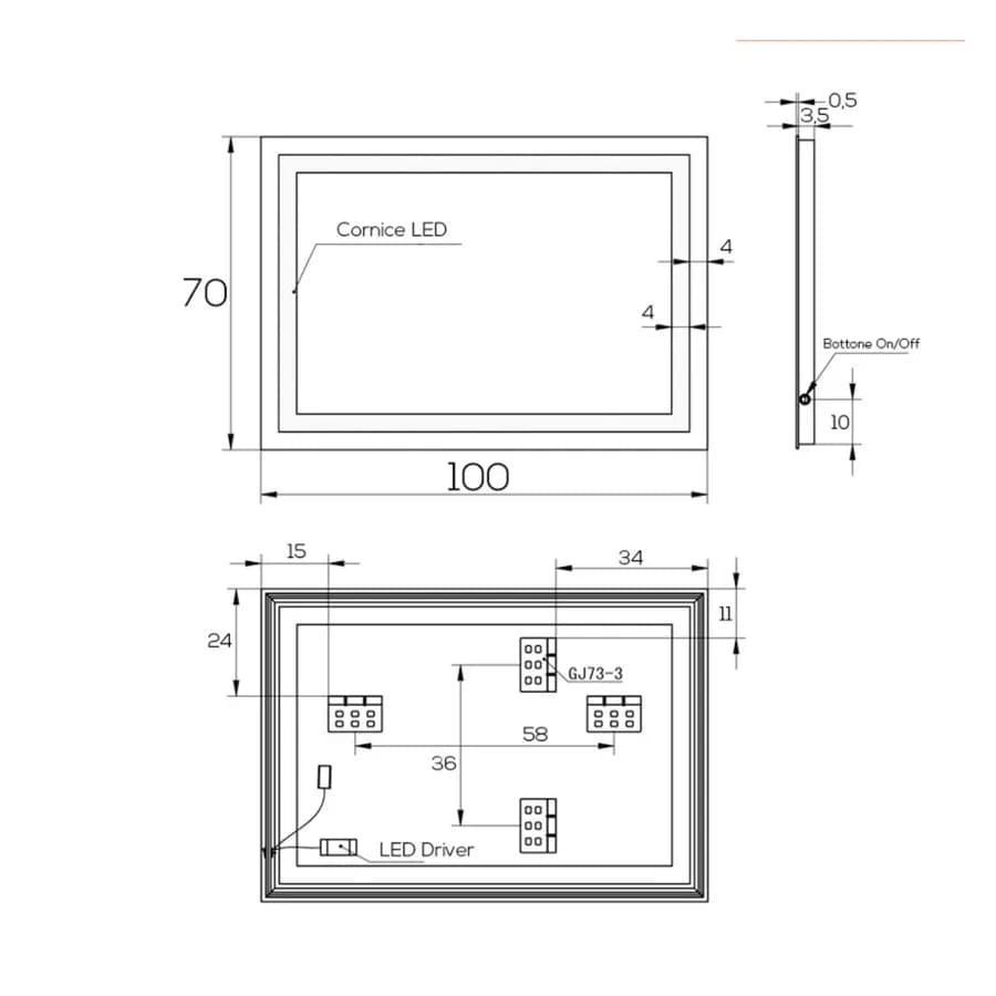 Specchio led 70x100 cm luce fredda con interruttore e reversibile - Verge