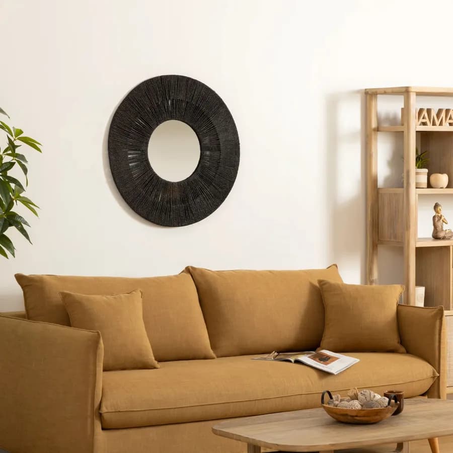 Specchio rotondo 76 cm nero con cornice intrecciata in corda
