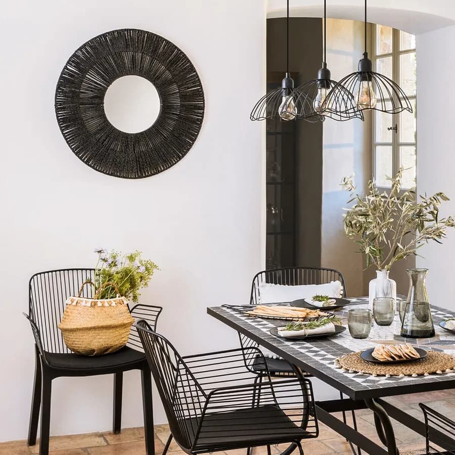 Specchio rotondo 76 cm nero con cornice intrecciata in corda