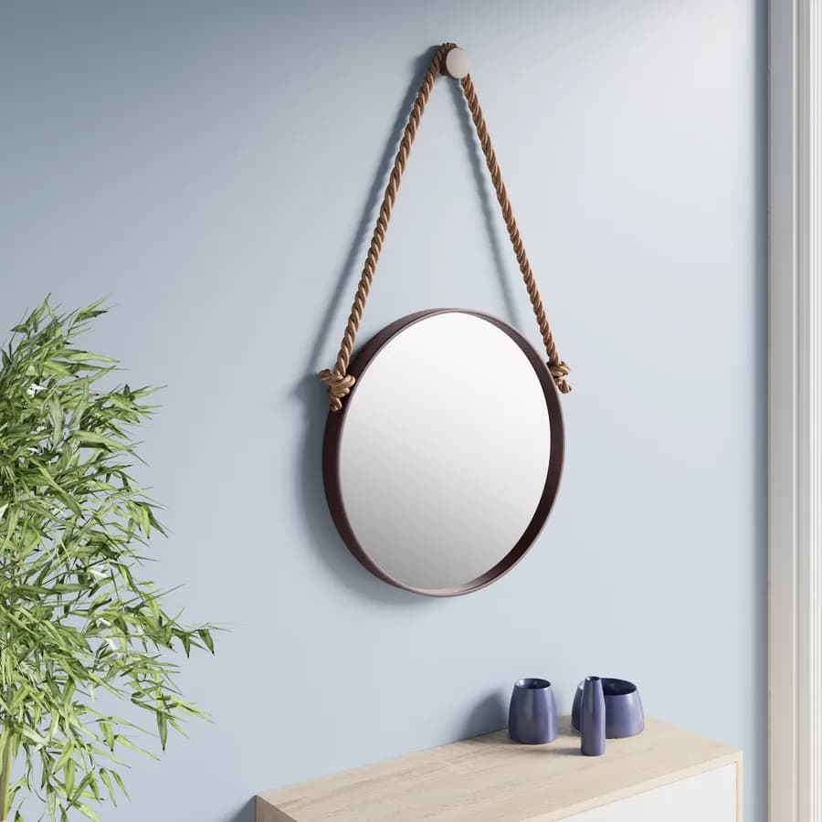 Specchio decorativo 50 cm con cornice marrone e gancio in corda - Wiki