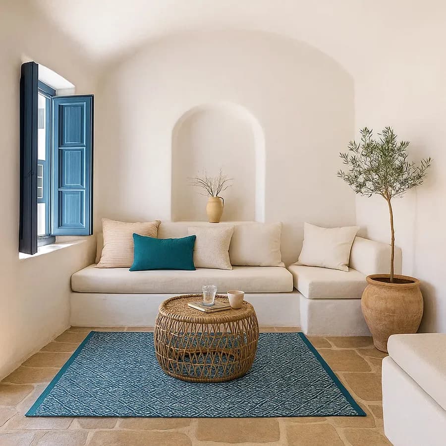 Tappeto 120x180 cm in cotone azzurro con frange e disegno geometrico