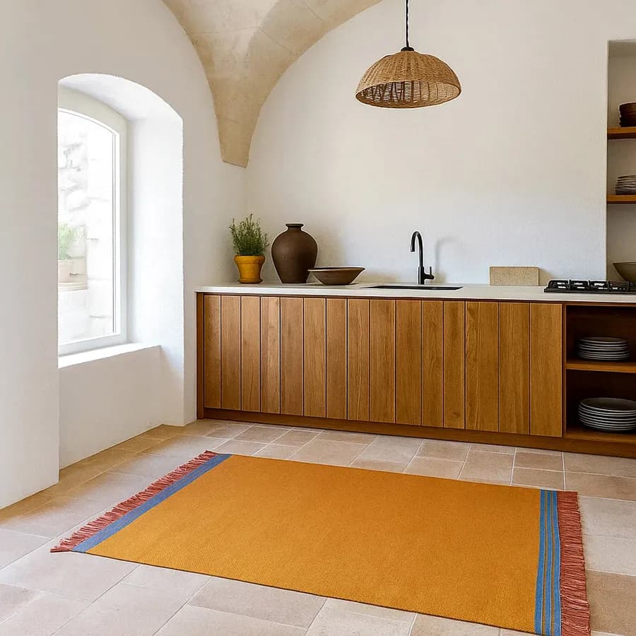 Tappeto 120x180 cm in cotone senape con frange