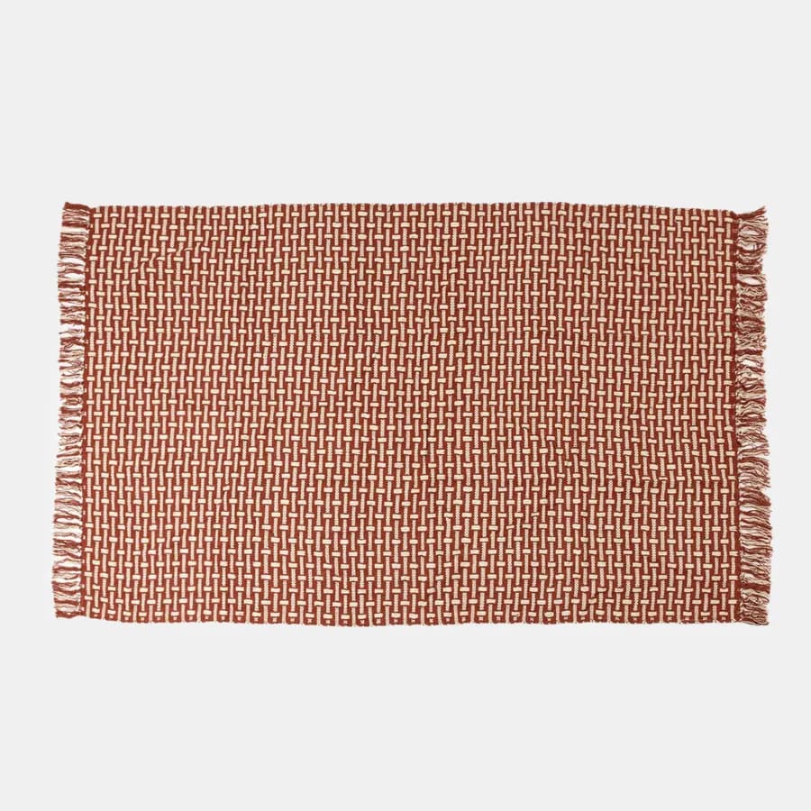 Tappeto 120x180 cm in cotone terracotta e bianco con frange e intreccio