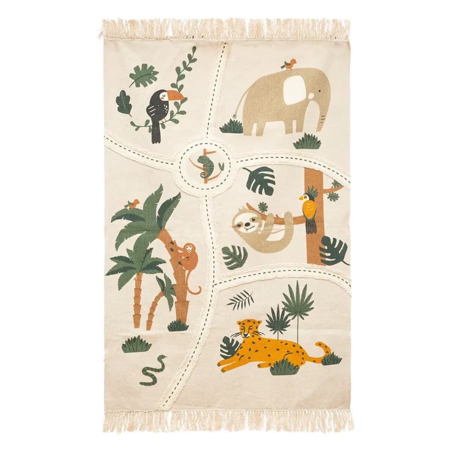 Tappeto 150x100 cm in cotone beige con animali multicolore - Kids