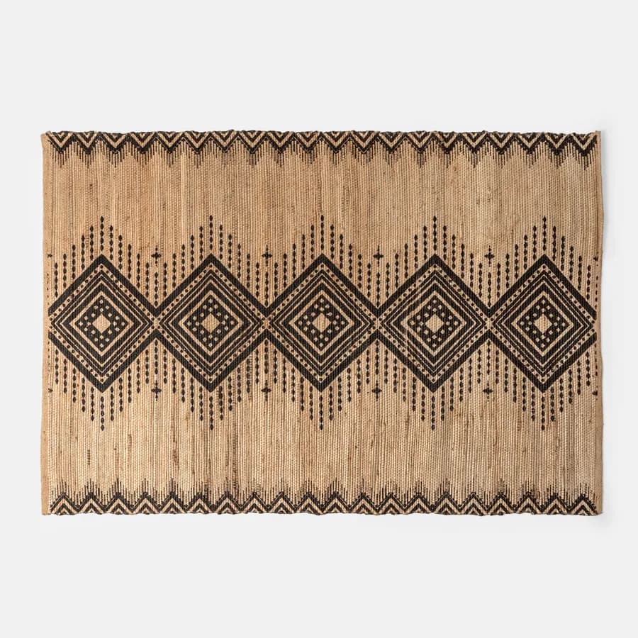 Tappeto da esterno o interno 170x120 cm in juta e cotone naturale con fantasia geometrica nera