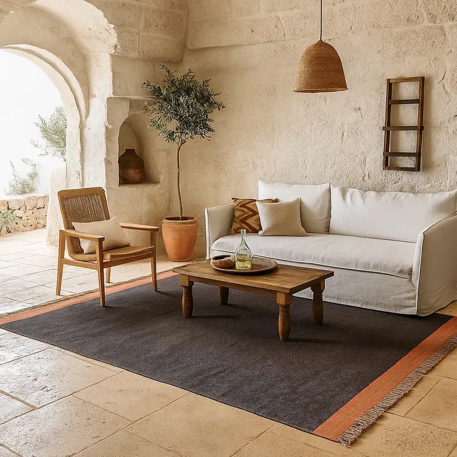 Tappeto 200x30 cm in cotone blu scuro e arancione con frange