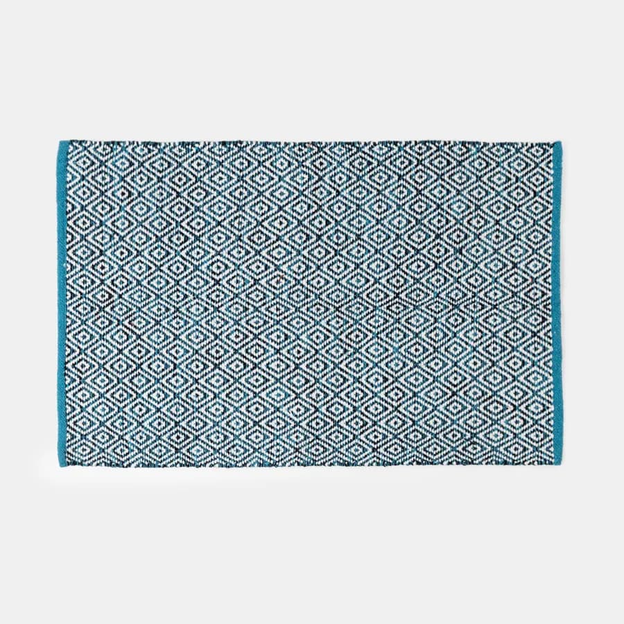 Tappeto 60x90 cm in cotone azzurro con frange e disegno geometrico