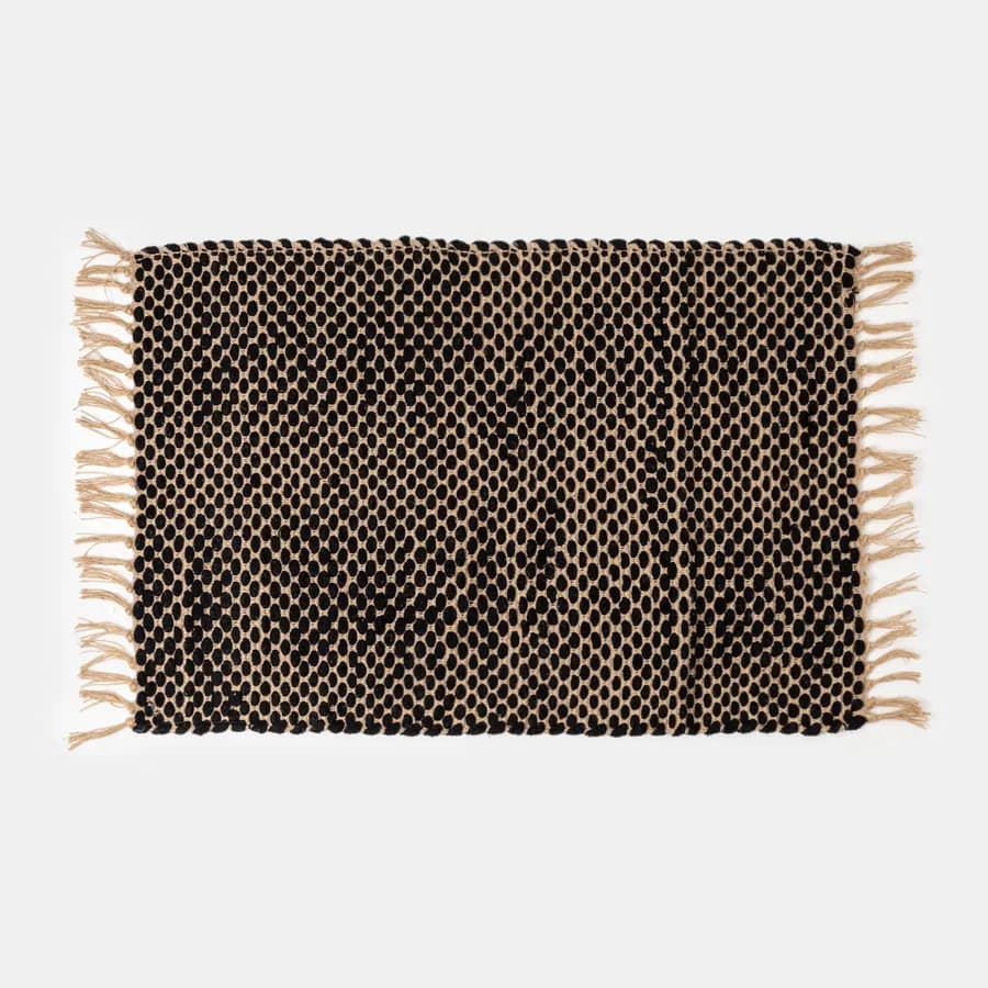 Tappeto 60x90 cm in cotone e juta naturale e nero con frange