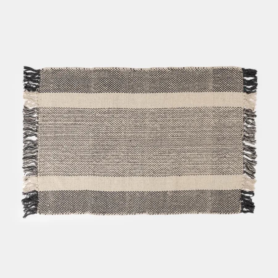 Tappeto 60x90 cm in cotone melange naturale e nero con frange