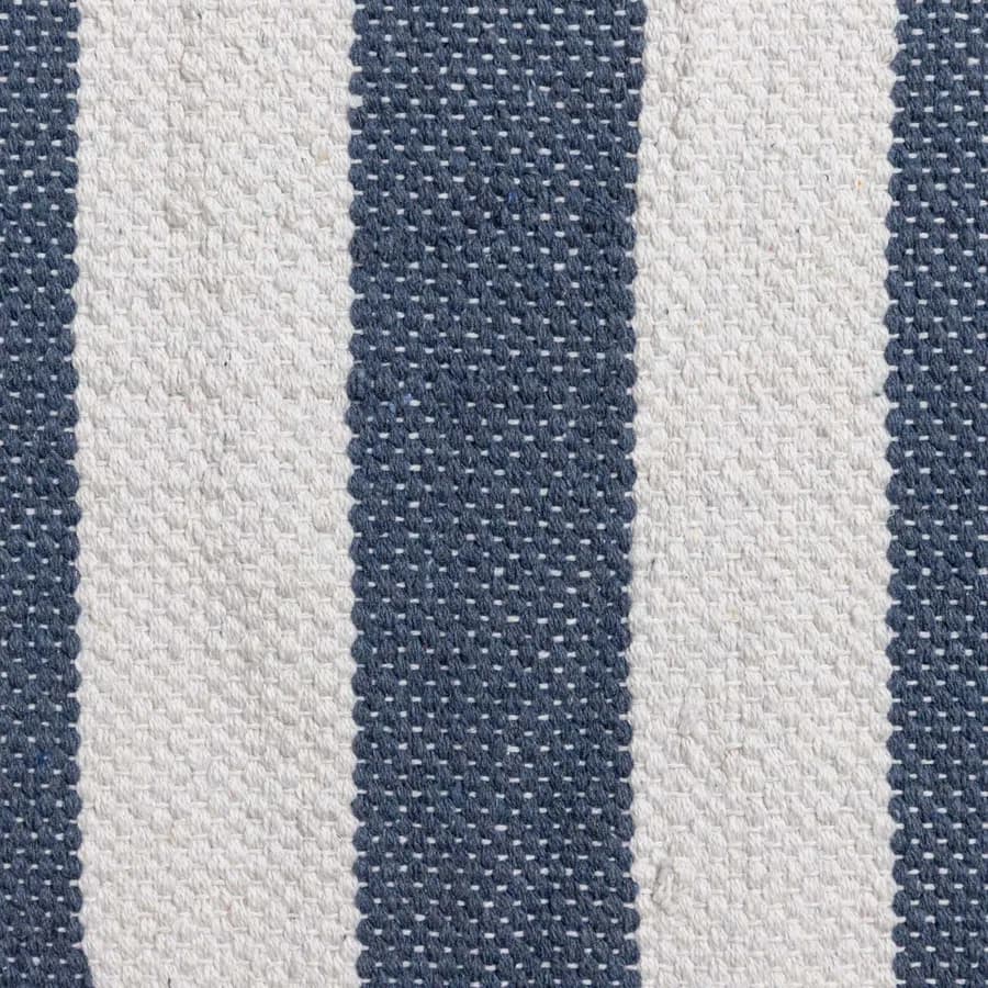 Tappeto 70x140 cm in cotone blu e bianco a strisce con nappine senape