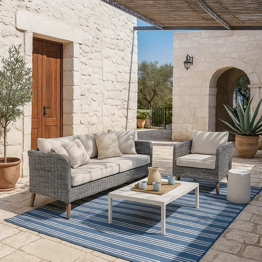 Tappeto da esterno 230x160 cm con fantasia blu e bianca