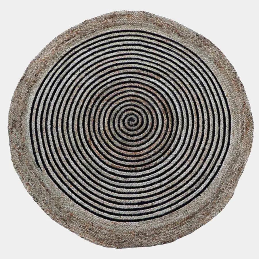 Tappeto da esterno o interno rotondo 150 cm in cotone e juta con motivo a spirale nero