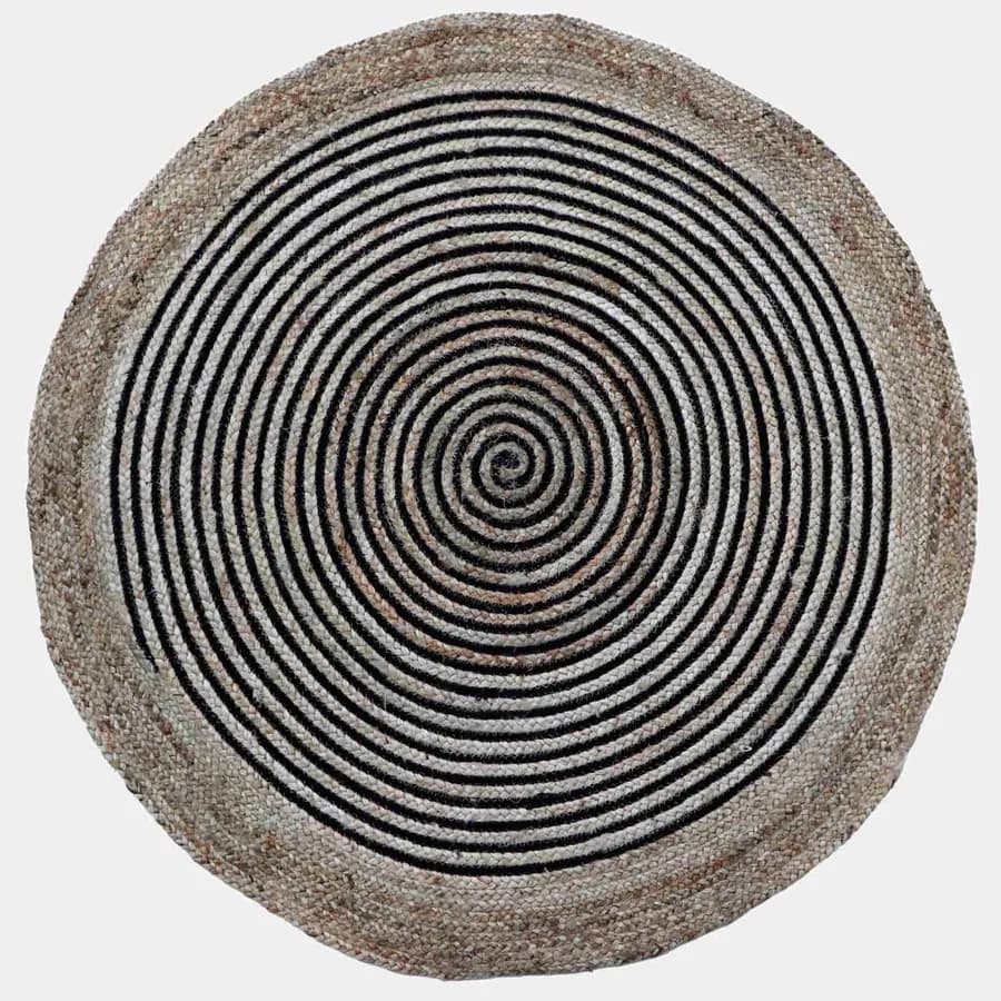 Tappeto da esterno o interno rotondo 200 cm in cotone e juta con motivo a spirale nero