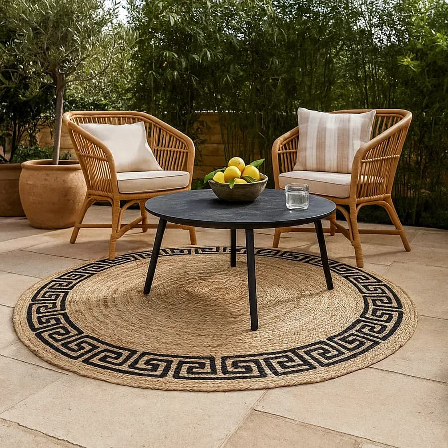 Tappeto da esterno o interno rotondo 200 cm in juta naturale con decorazione greca