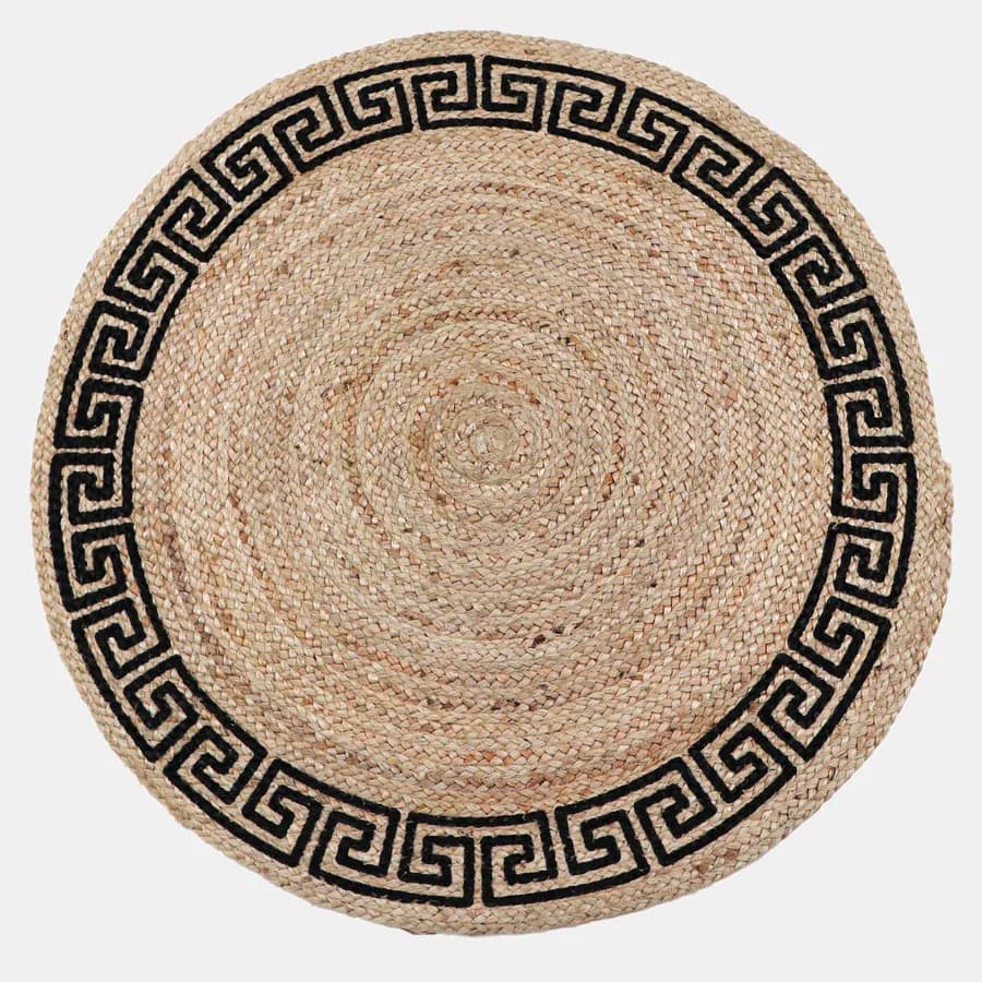 Tappeto da esterno o interno rotondo 200 cm in juta naturale con decorazione greca