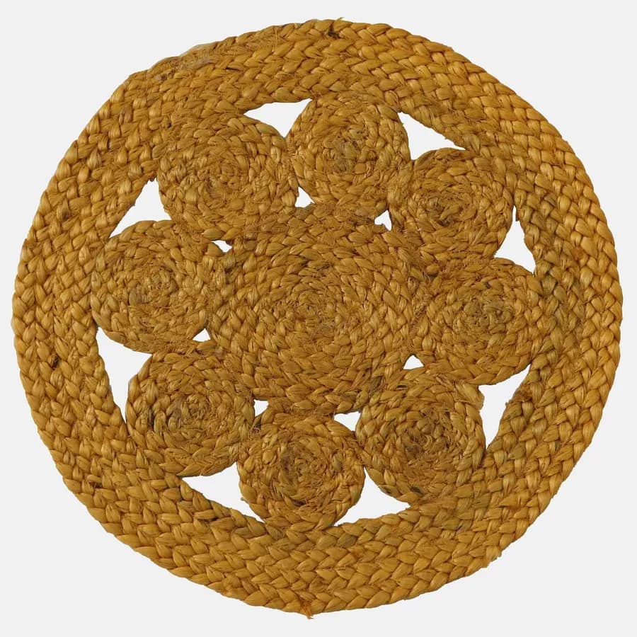 Tappeto da esterno o interno rotondo 120 cm con fiore in juta giallo