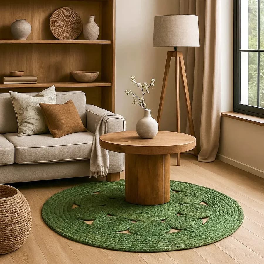 Tappeto da esterno o interno rotondo 150 cm con fiore in juta verde