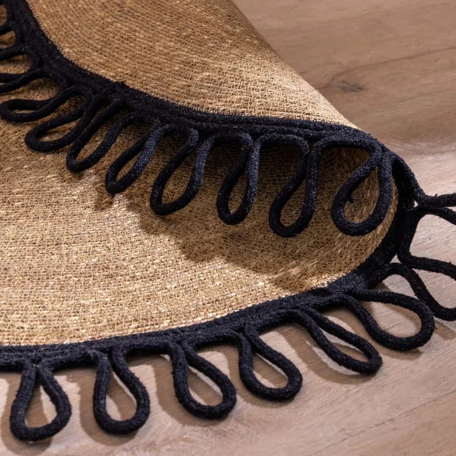 Tappeto rotondo intrecciato 120 cm in erba marina e cotone naturale con bordo nero
