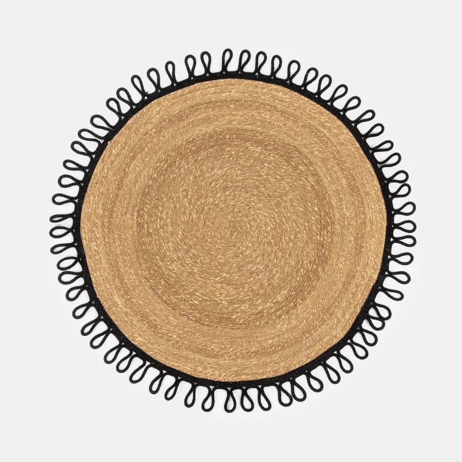 Tappeto rotondo intrecciato 120 cm in erba marina e cotone naturale con bordo nero