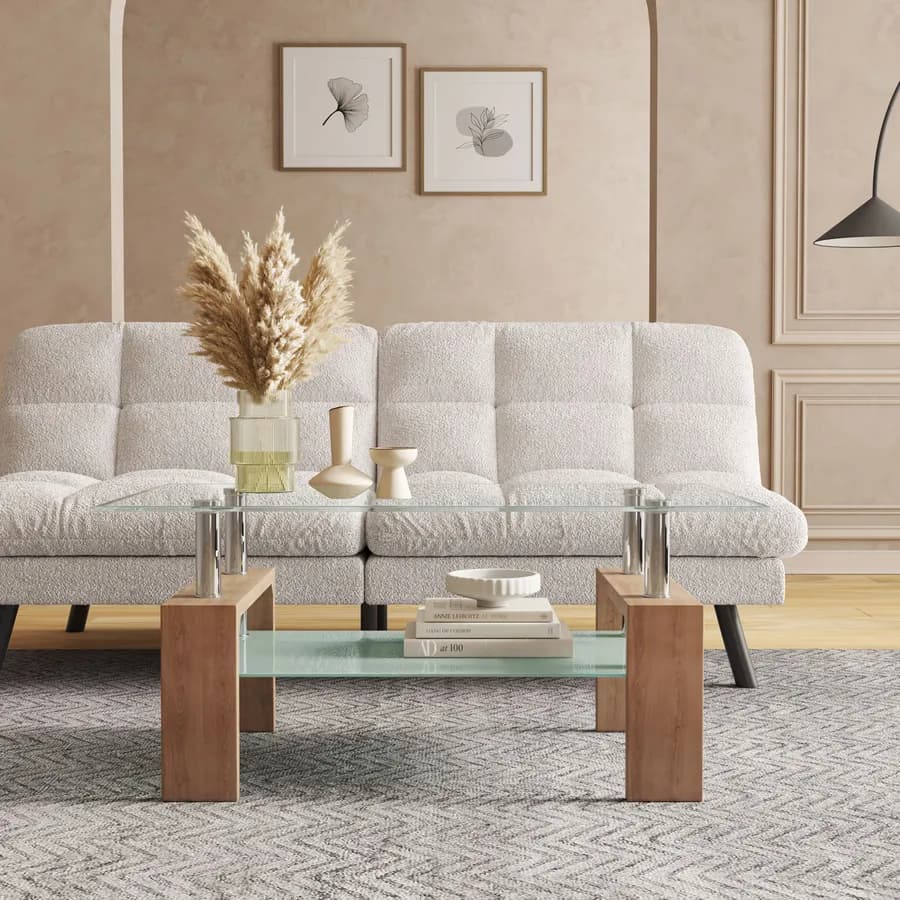 Tavolino 100x45h cm con top e ripiano in vetro e gambe effetto rovere - Terrence