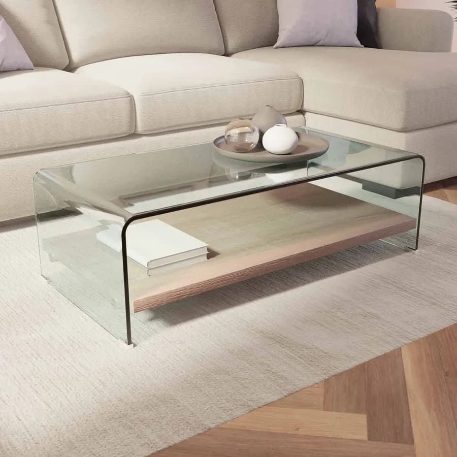 Tavolino 110x55 cm in cvetro temperato sagomato con ripiano effetto rovere - City