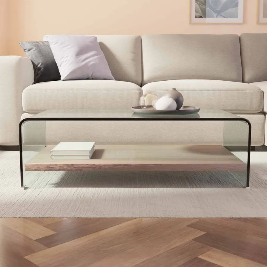 Tavolino 110x55 cm in cvetro temperato sagomato con ripiano effetto rovere - City
