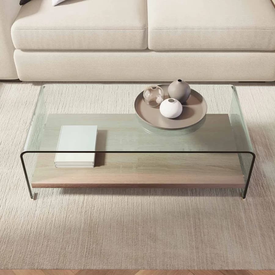 Tavolino 110x55 cm in cvetro temperato sagomato con ripiano effetto rovere - City