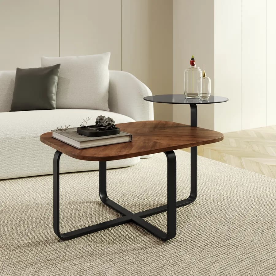 Tavolino 100x60 cm top rovere scuro e ripiano in vetro con gambe in metallo nero - Tlicro