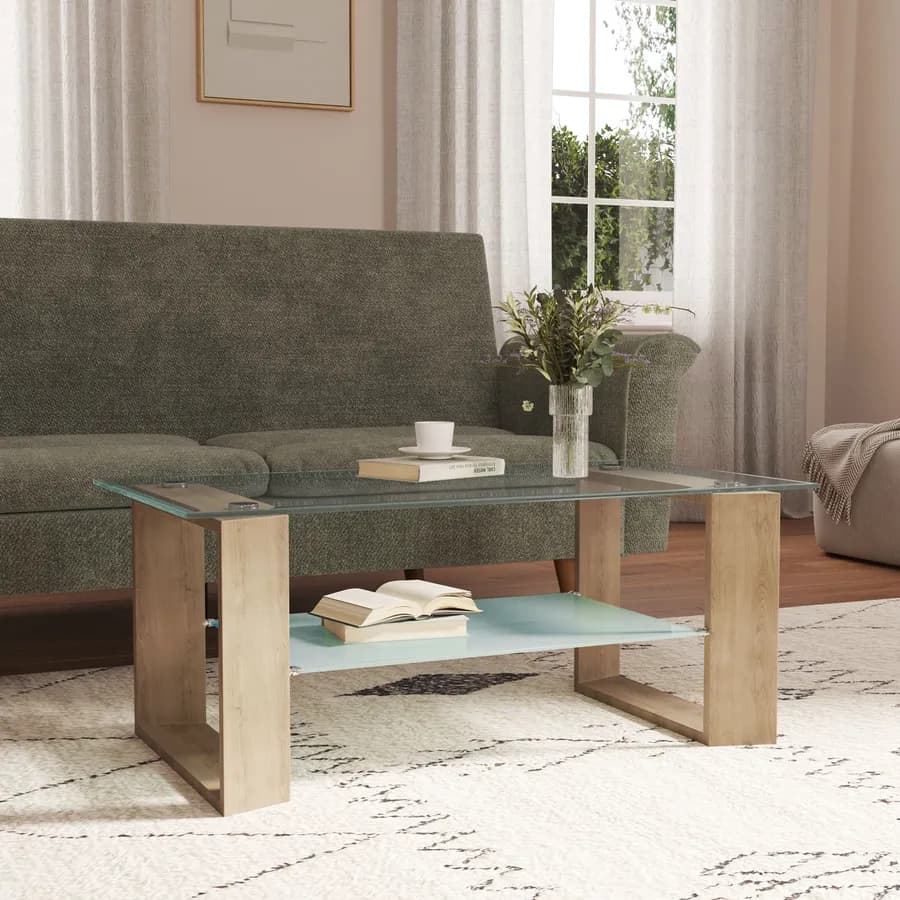 Tavolino 110x45h cm con top e ripiano in vetro e struttura effetto rovere chiaro - Tipton