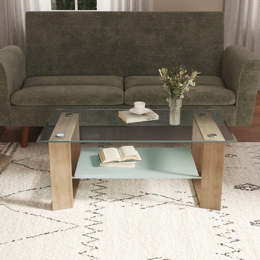 Tavolino 110x45h cm con top e ripiano in vetro e struttura effetto rovere chiaro - Tipton
