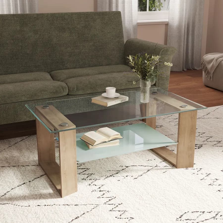 Tavolino 110x45h cm con top e ripiano in vetro e struttura effetto rovere chiaro - Tipton