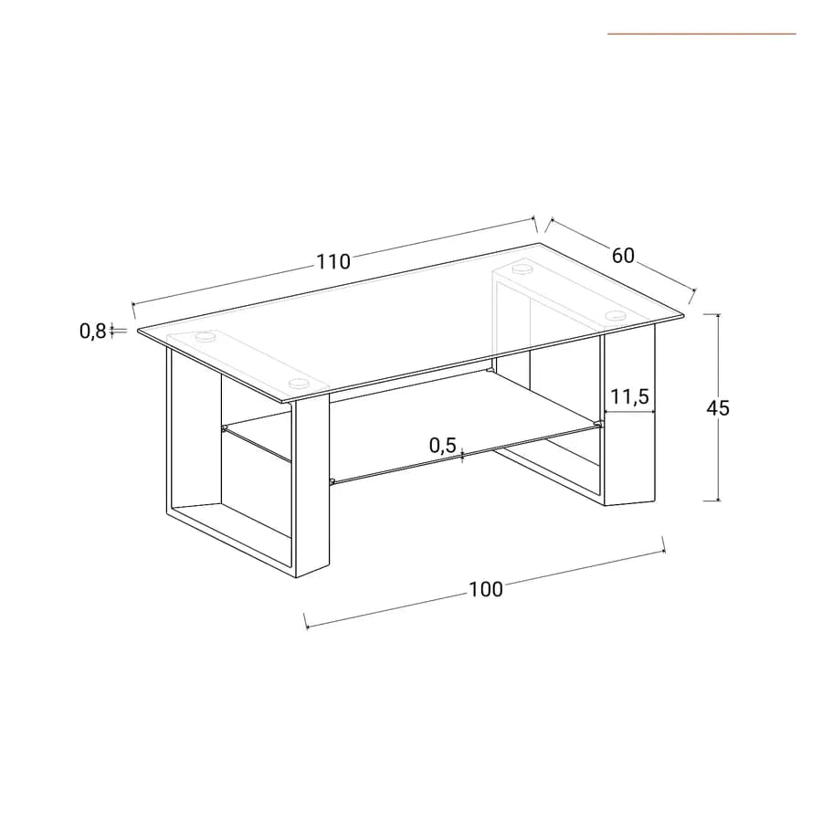 Tavolino 110x45h cm con top e ripiano in vetro e struttura effetto rovere chiaro - Tipton