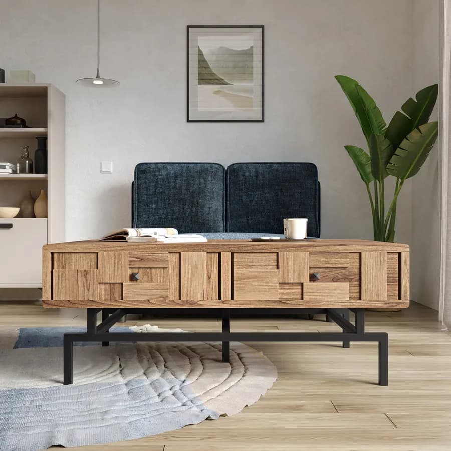 Tavolino 115x70 cm in legno di acacia con struttura in metallo nero e 2 cassetti - Baktu