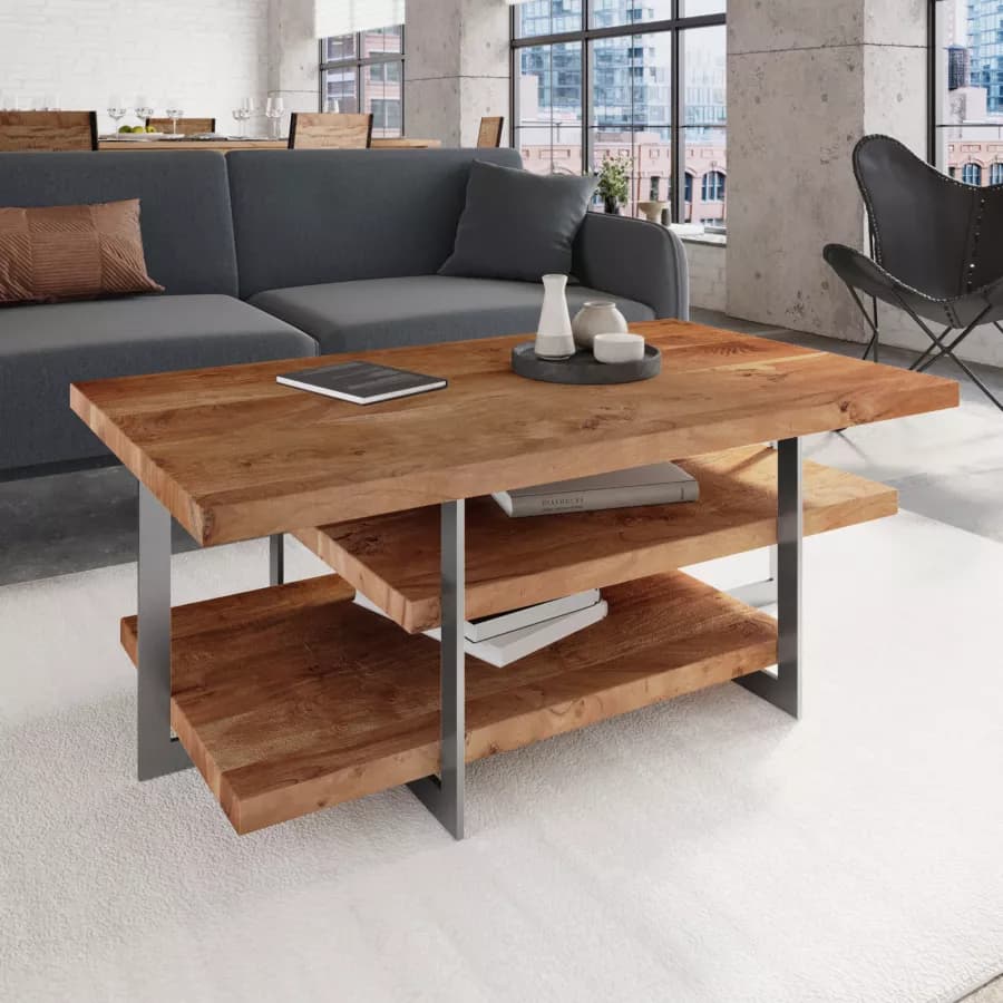 Tavolino 118 cm in legno e metallo con due ripiani - Freia Acacia