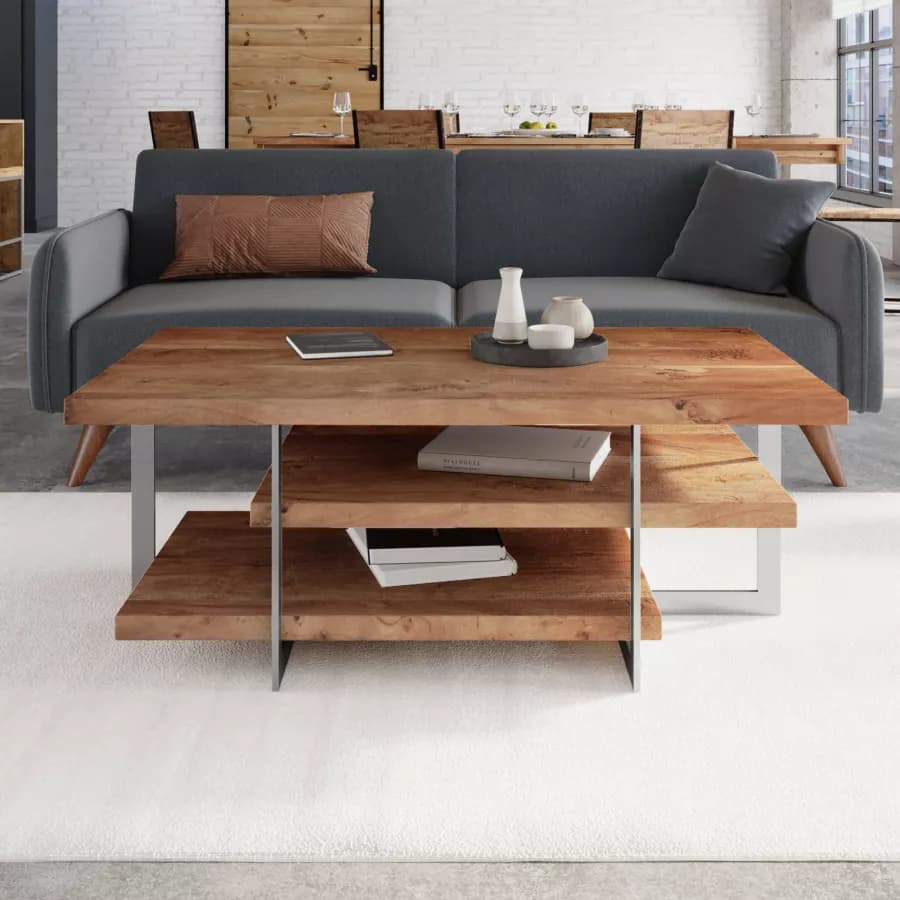 Tavolino 118 cm in legno e metallo con due ripiani - Freia Acacia