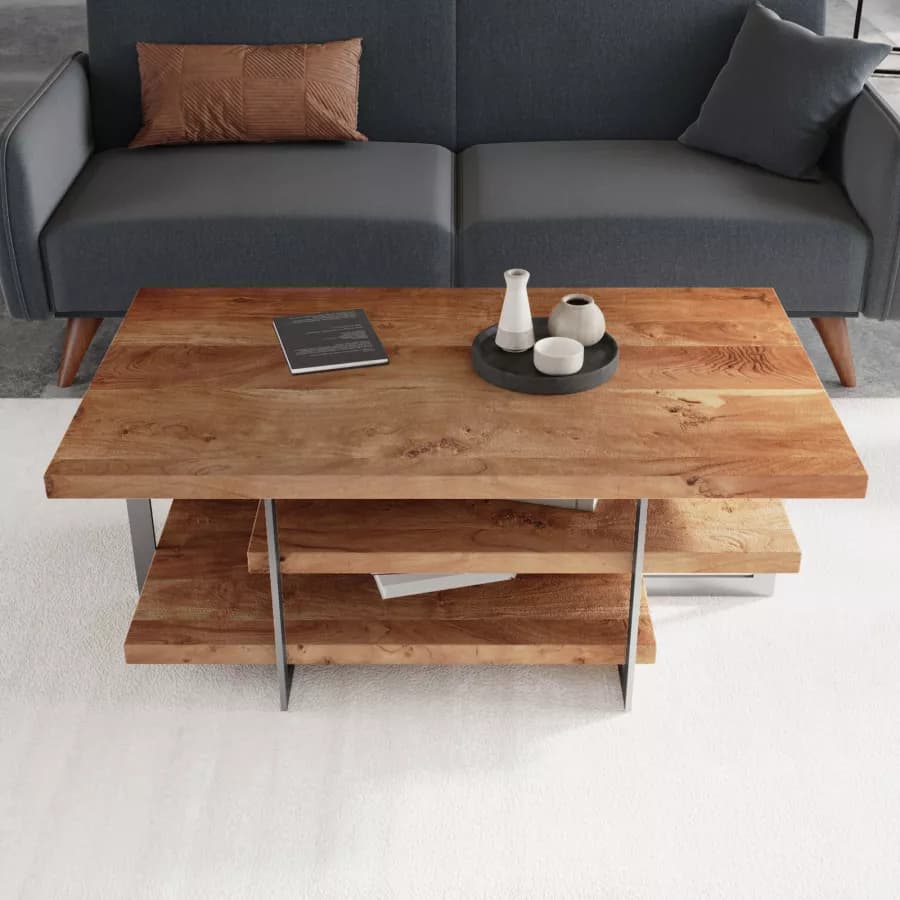 Tavolino 118 cm in legno e metallo con due ripiani - Freia Acacia