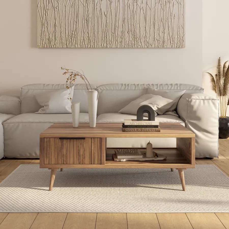 Tavolino 118x45h cm in legno di acacia cannettato con vano a giorno e 2 cassetti - Gunadi