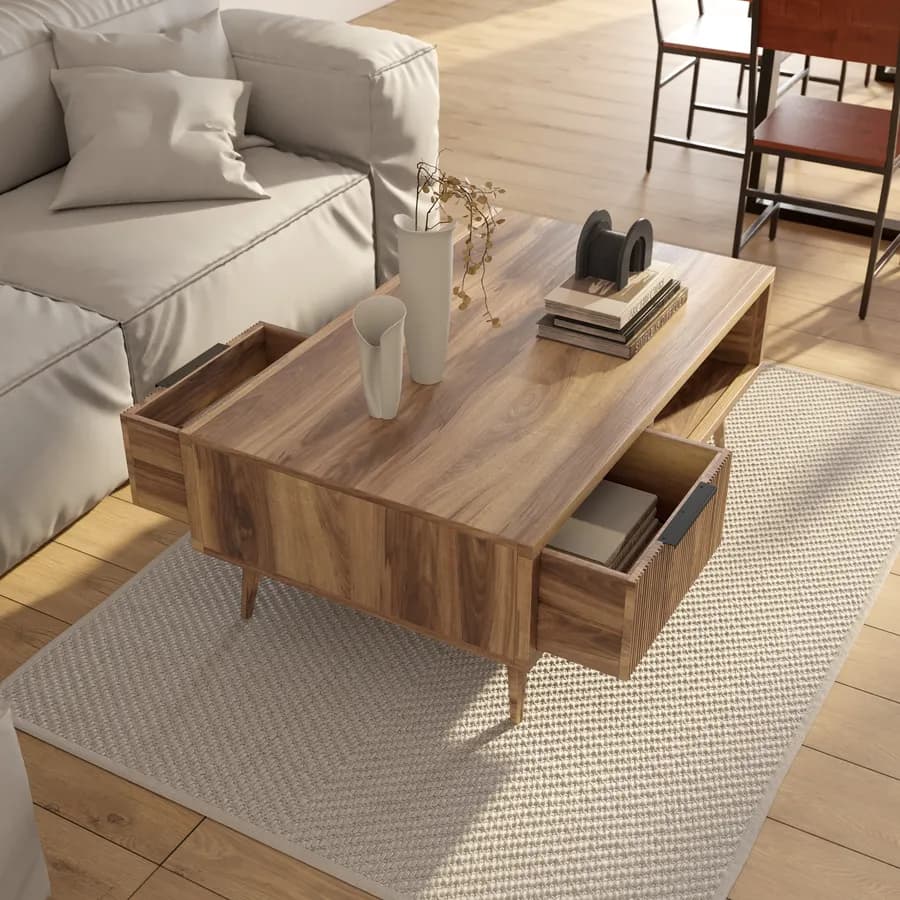 Tavolino 118x45h cm in legno di acacia cannettato con vano a giorno e 2 cassetti - Gunadi