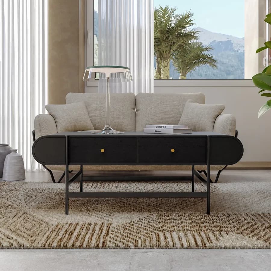 Tavolino 122x60 cm in legno nero craven e metallo nero con 2 cassetti - Kirki