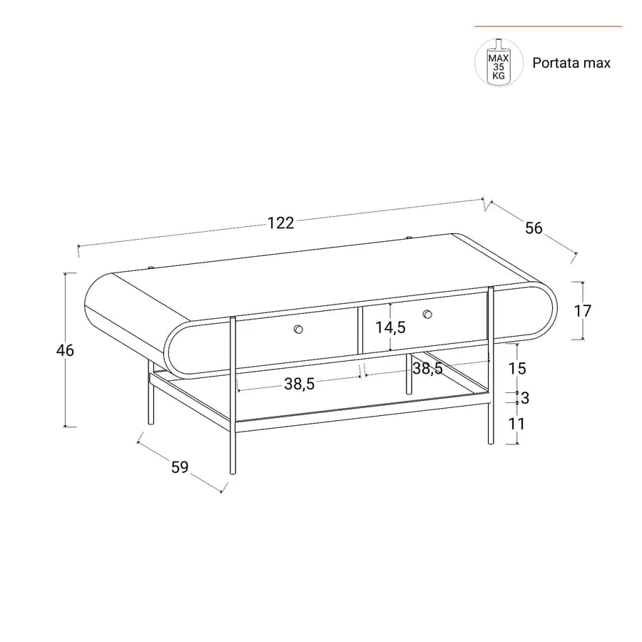 Tavolino 122x60 cm in legno nero craven e metallo nero con 2 cassetti - Kirki