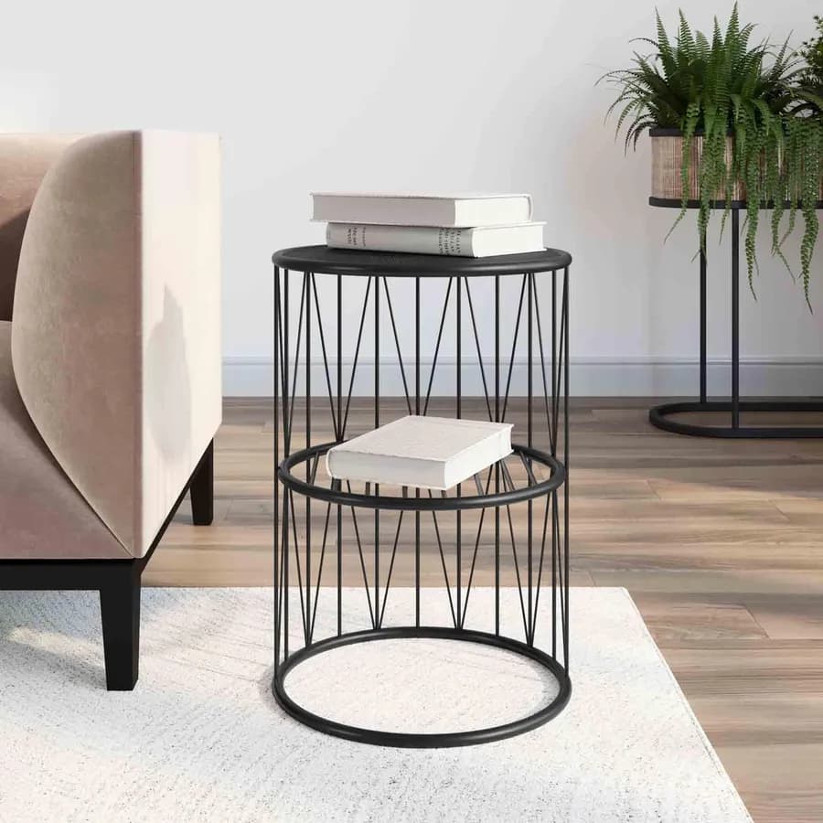 Tavolino rotondo 35 cm top in legno e struttura in acciao nero con ripiano - Lou